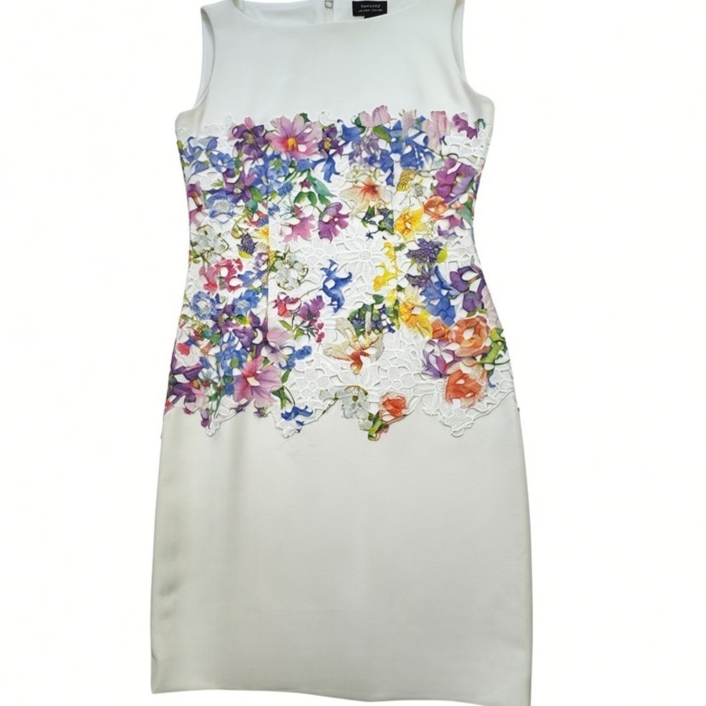 NWT Tahari ASL Floral Lace Sheath‎ Dress Womens 2 Cream Watercolor Pastel Spring